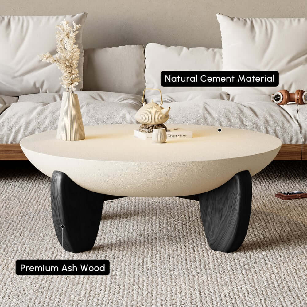 Modern Round Concrete Coffee Table with Wood Legs