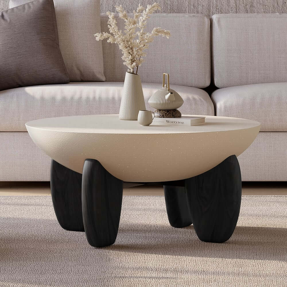 Modern Round Concrete Coffee Table with Wood Legs