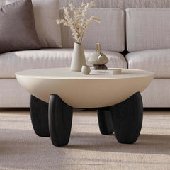Modern Round Concrete Coffee Table with Wood Legs