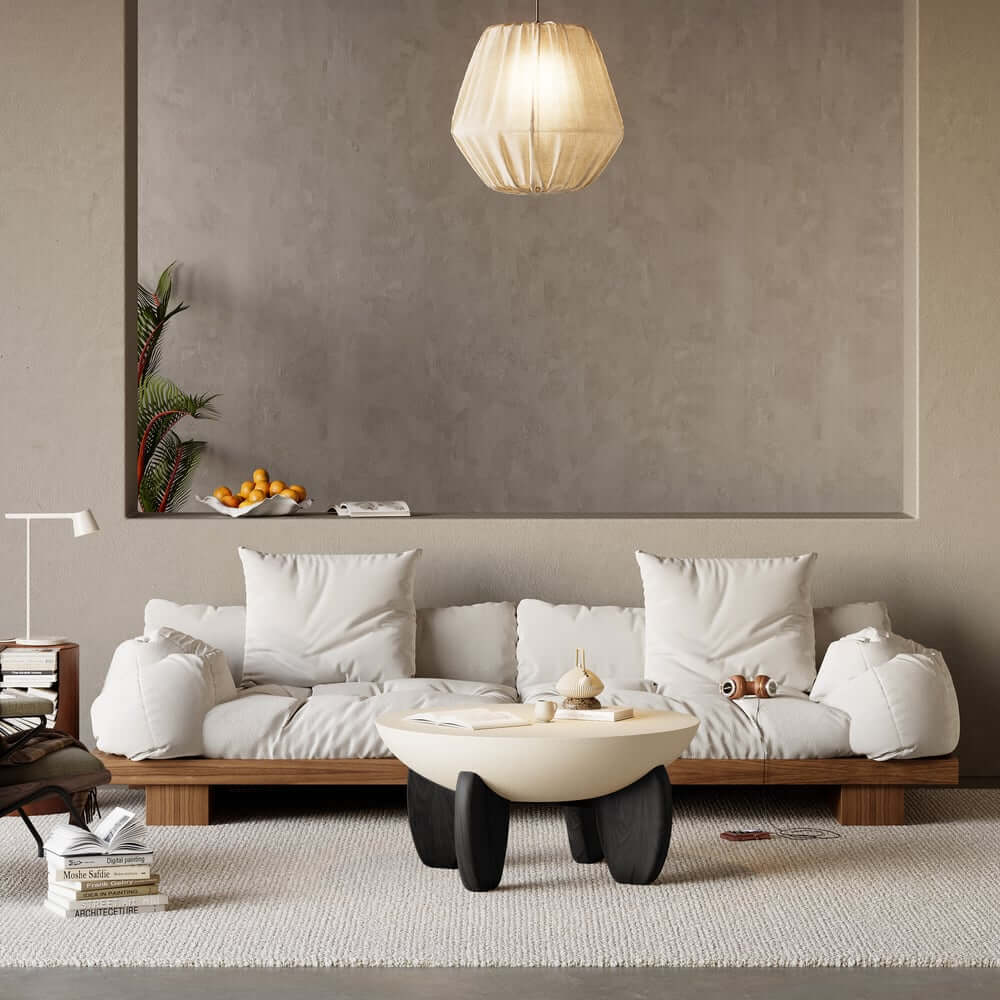 Modern Round Concrete Coffee Table with Wood Legs
