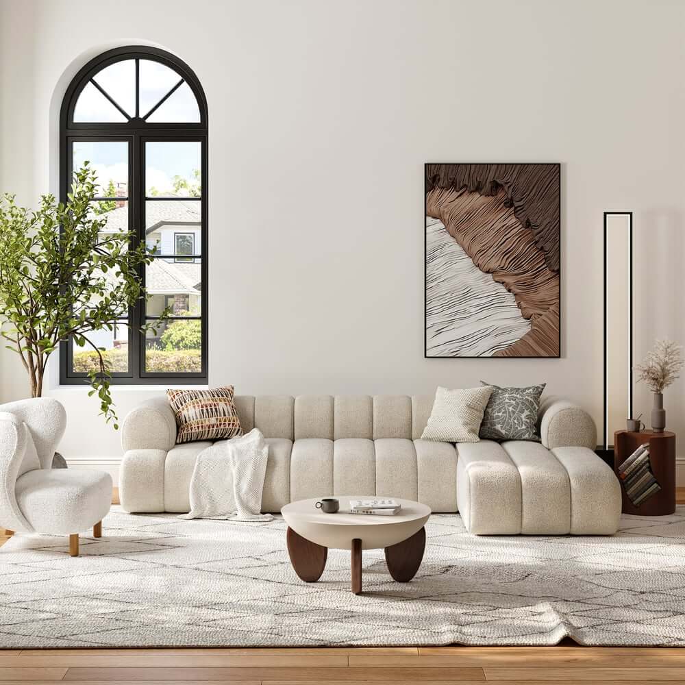 Modern Round Concrete Coffee Table with Wood Legs