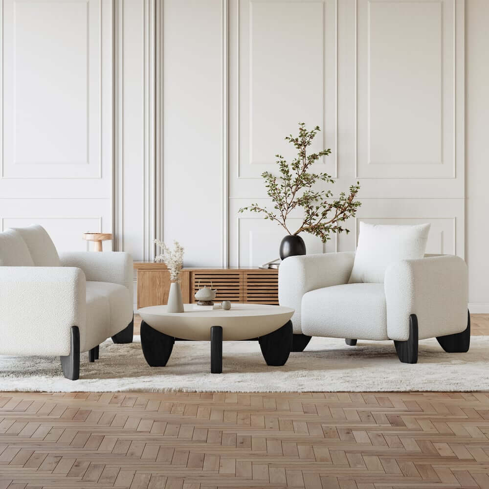 Modern Round Concrete Coffee Table with Wood Legs