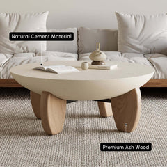 Modern Round Concrete Coffee Table with Wood Legs