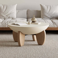 Modern Round Concrete Coffee Table with Wood Legs