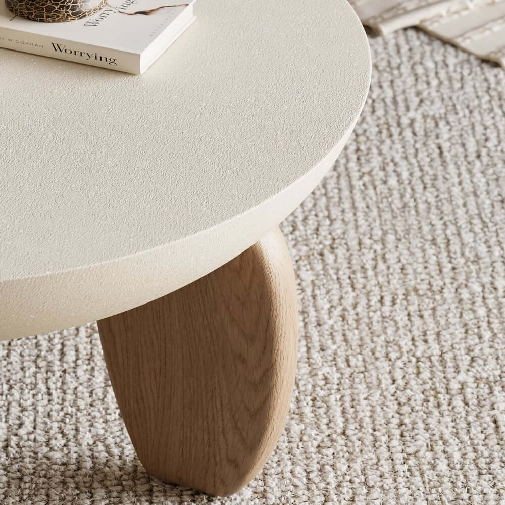 Modern Round Concrete Coffee Table with Wood Legs