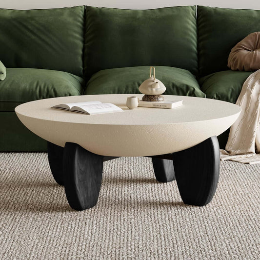 Modern Round Concrete Coffee Table with Wood Legs Main Product Image