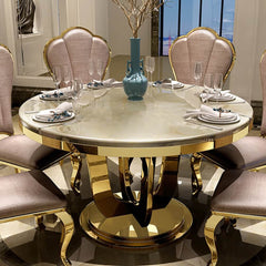 Modern Round Faux Marble Dining Table, Gold Pedestal Base Main Product Image