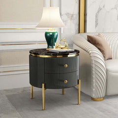 Modern Round Faux Marble End Table With 2 Drawers