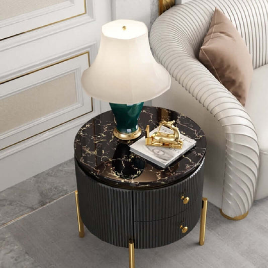Modern Round Faux Marble End Table With 2 Drawers