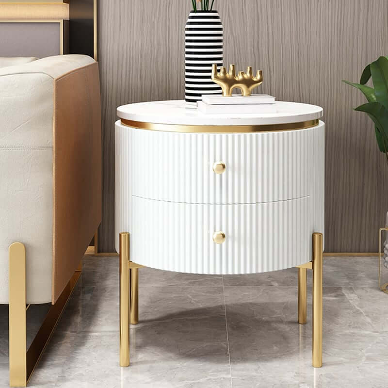 Modern Round Faux Marble End Table With 2 Drawers