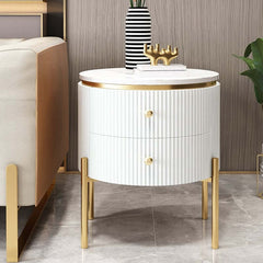 Modern Round Faux Marble End Table With 2 Drawers