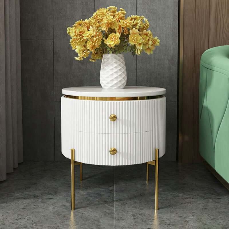 Modern Round Faux Marble End Table With 2 Drawers