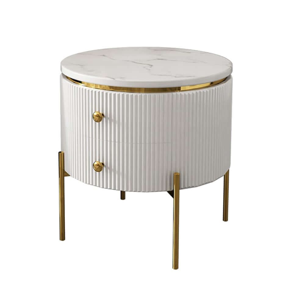 Modern Round Faux Marble End Table With 2 Drawers