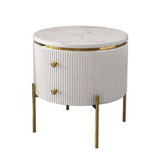 Modern Round Faux Marble End Table With 2 Drawers