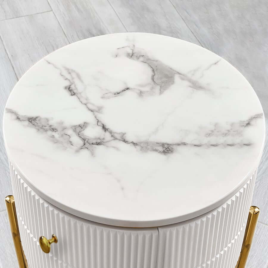 Modern Round Faux Marble End Table With 2 Drawers