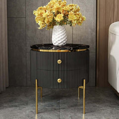 Modern Round Faux Marble End Table With 2 Drawers