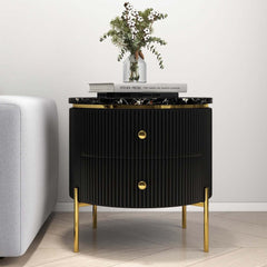 Modern Round Faux Marble End Table With 2 Drawers