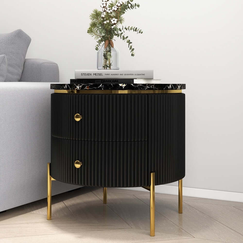 Modern Round Faux Marble End Table With 2 Drawers