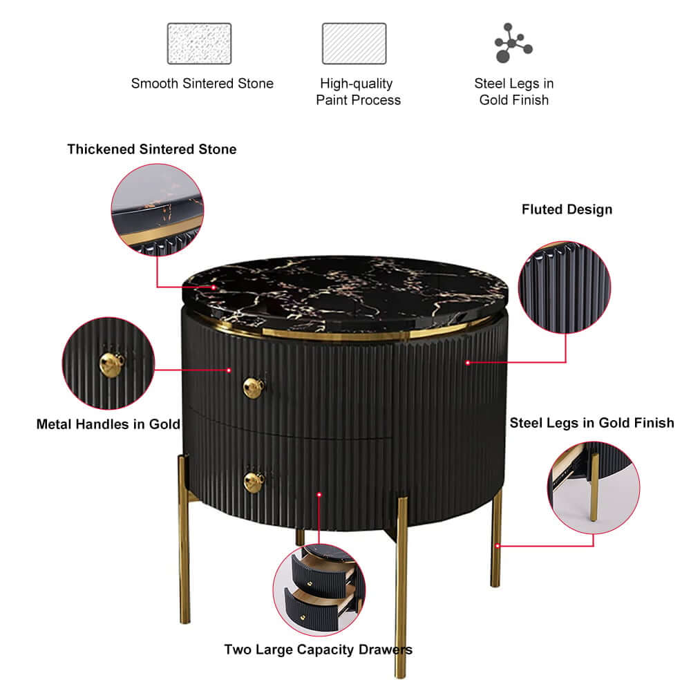 Modern Round Faux Marble End Table With 2 Drawers