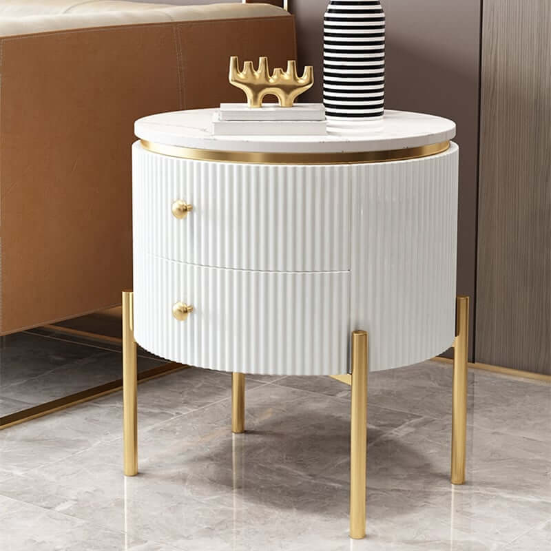 Modern Round Faux Marble End Table With 2 Drawers