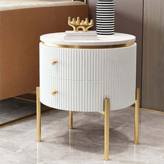 Modern Round Faux Marble End Table With 2 Drawers