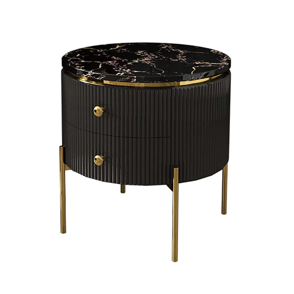 Modern Round Faux Marble End Table With 2 Drawers