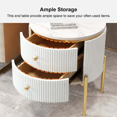 Modern Round Faux Marble End Table With 2 Drawers