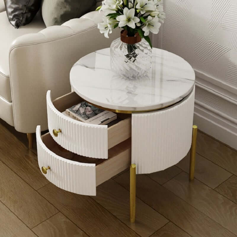 Modern Round Faux Marble End Table With 2 Drawers