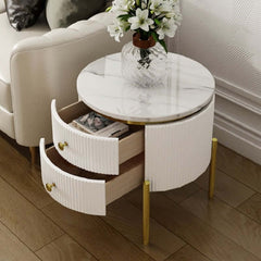 Modern Round Faux Marble End Table With 2 Drawers