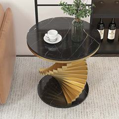 Modern Round Faux Marble End Table With Gold Pedestal Base