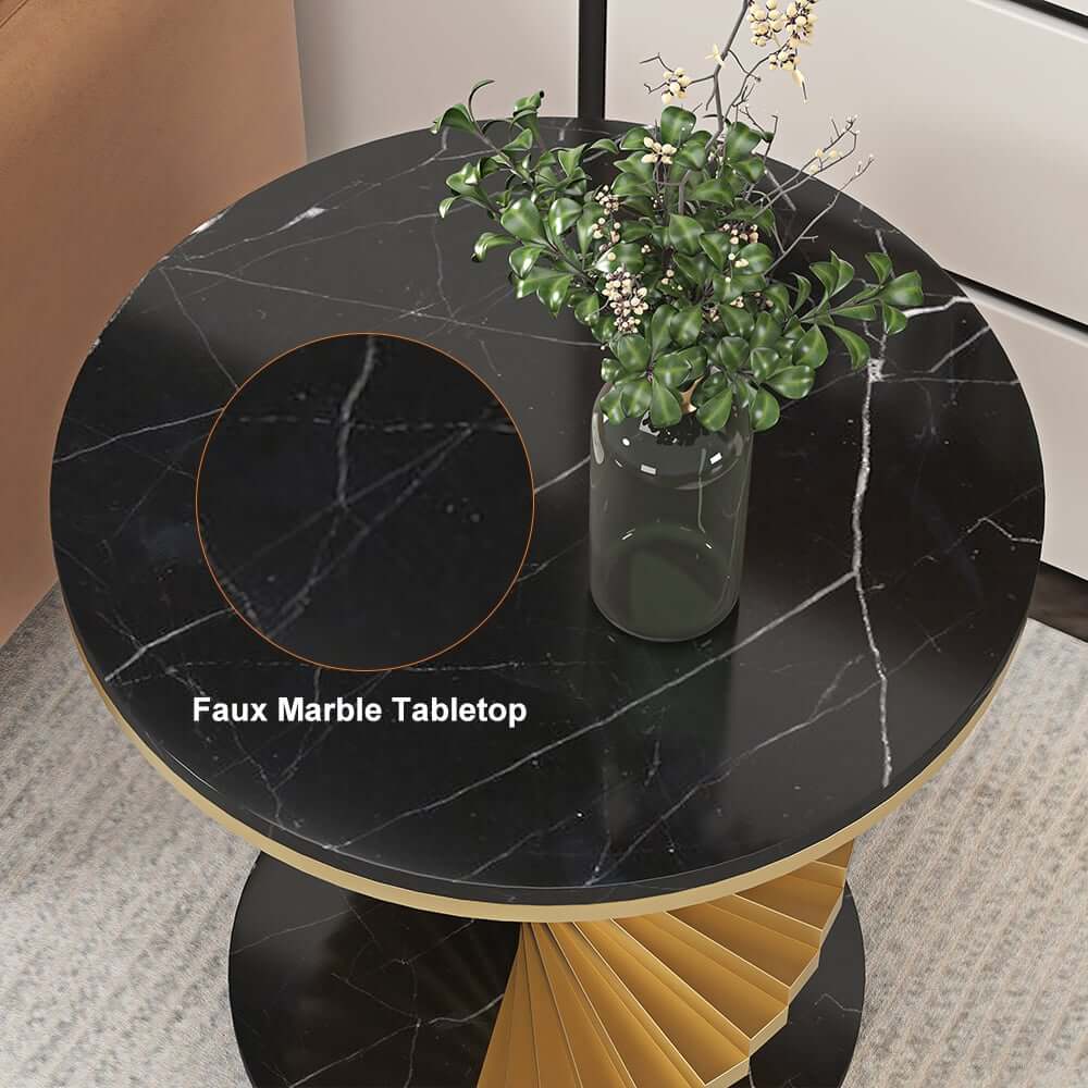 Modern Round Faux Marble End Table With Gold Pedestal Base