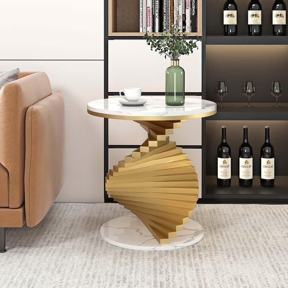 Modern Round Faux Marble End Table With Gold Pedestal Base