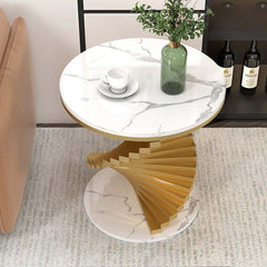 Modern Round Faux Marble End Table With Gold Pedestal Base