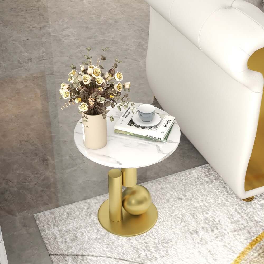Modern Round Faux Marble End Table With Metal Pedestal Base