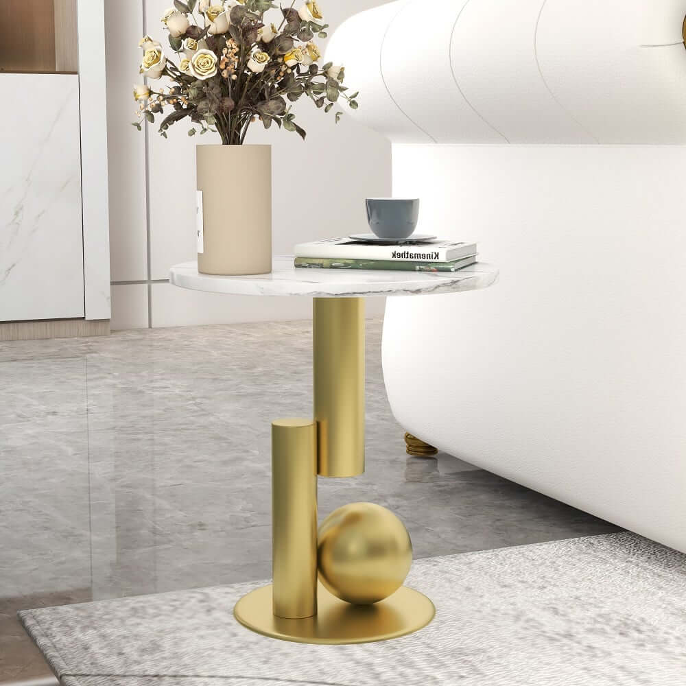 Modern Round Faux Marble End Table With Metal Pedestal Base