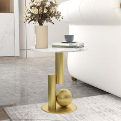 Modern Round Faux Marble End Table With Metal Pedestal Base