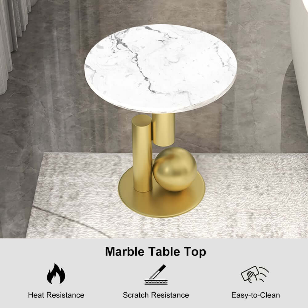 Modern Round Faux Marble End Table With Metal Pedestal Base