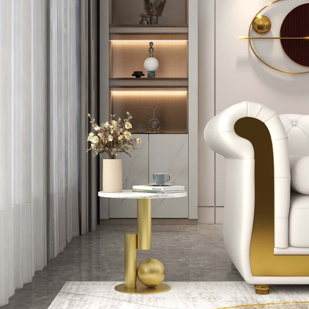 Modern Round Faux Marble End Table With Metal Pedestal Base