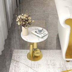 Modern Round Faux Marble End Table With Metal Pedestal Base