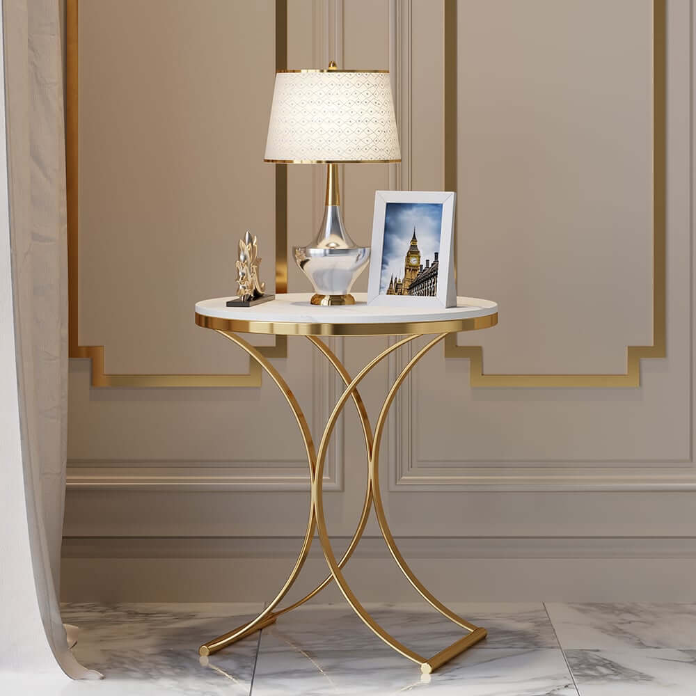 Modern Round Faux Marble Side Table With Gold Frame