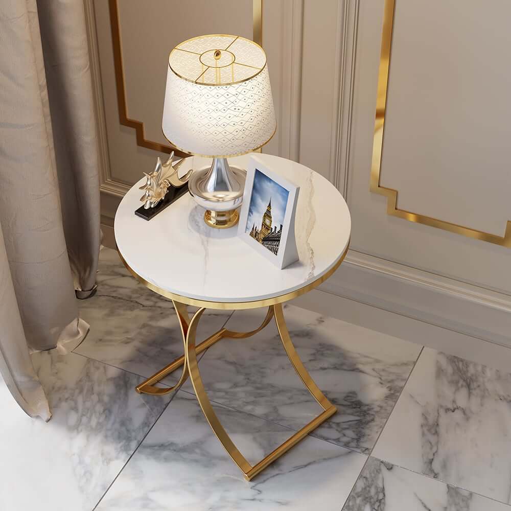 Modern Round Faux Marble Side Table With Gold Frame
