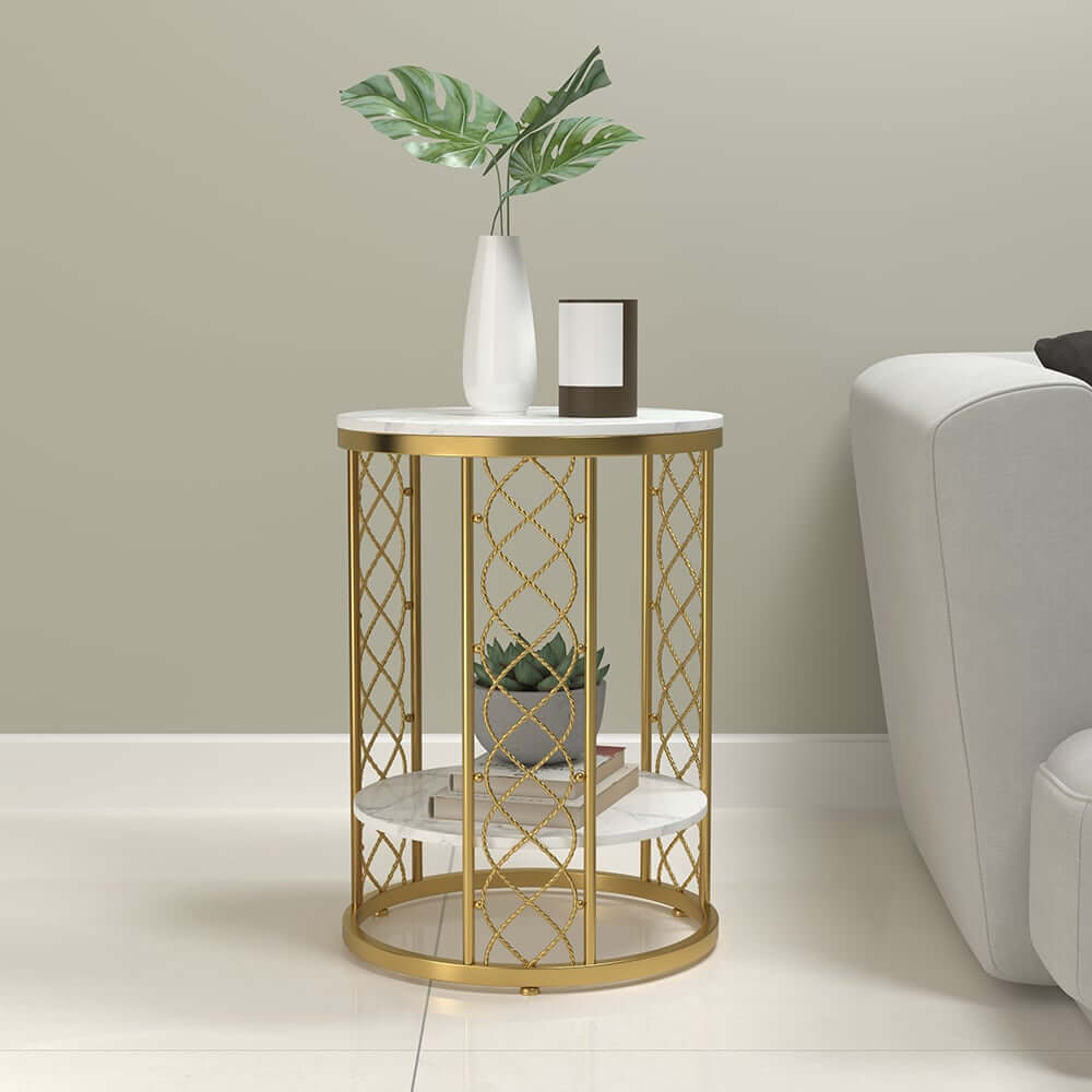 Modern Round Faux Marble Side Table With Gold Metal Frame