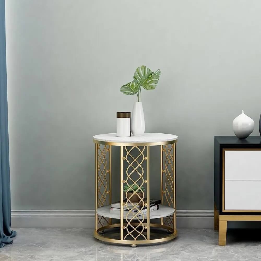 Modern Round Faux Marble Side Table With Gold Metal Frame