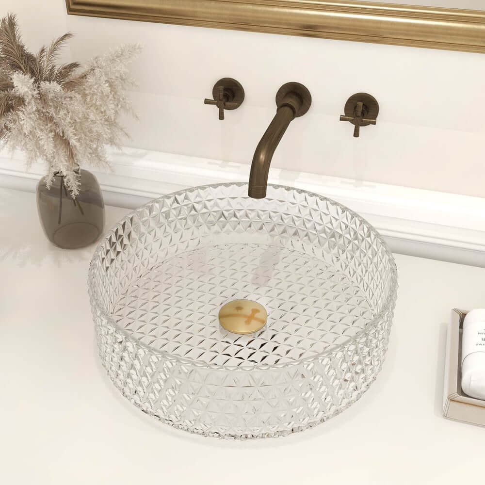 Modern Round Glass Vessel Sink in Black, Clear, and Gold