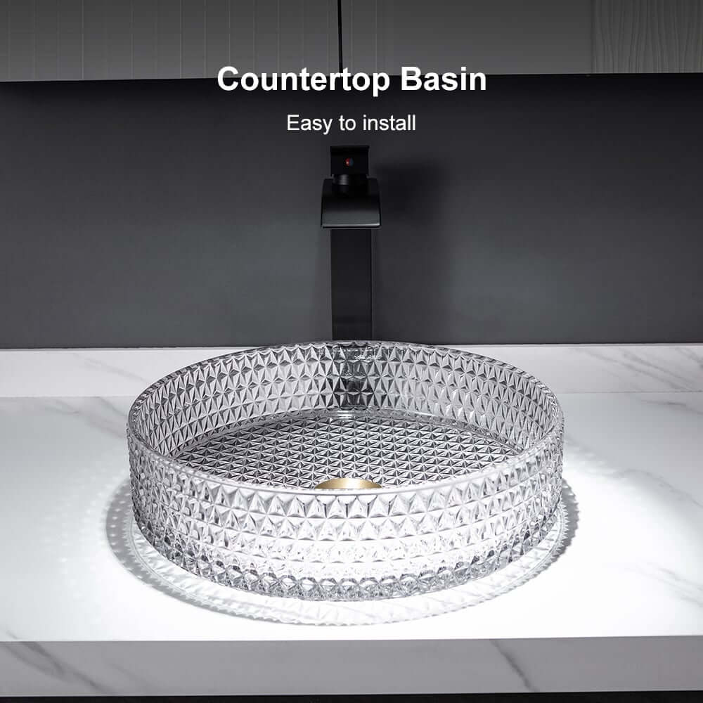 Modern Round Glass Vessel Sink in Black, Clear, and Gold