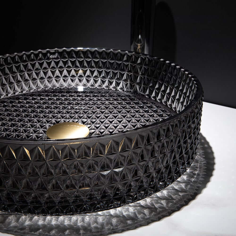 Modern Round Glass Vessel Sink in Black, Clear, and Gold