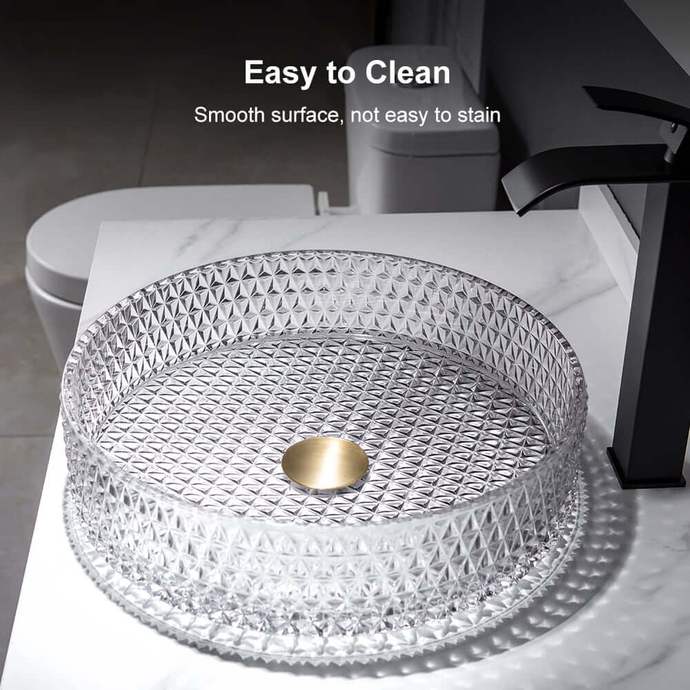 Modern Round Glass Vessel Sink in Black, Clear, and Gold