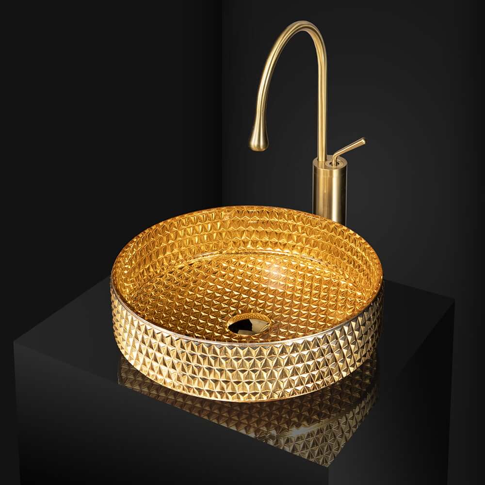 Modern Round Glass Vessel Sink in Black, Clear, and Gold