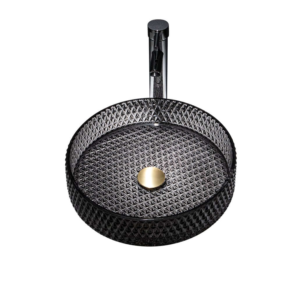 Modern Round Glass Vessel Sink in Black, Clear, and Gold