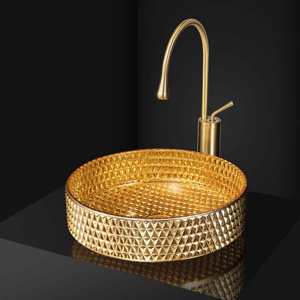 Modern Round Glass Vessel Sink in Black, Clear, and Gold